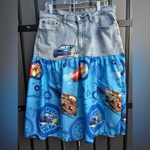 Blue Denim and Cars Print Midi Skirt